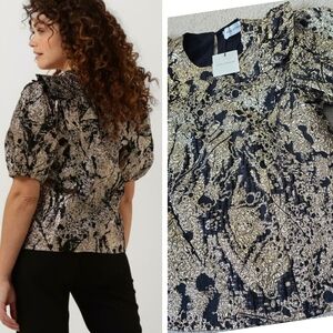 NWT Sofie Schnoor Elegant Black And Gold Puff Short Sleeve Top Size XS